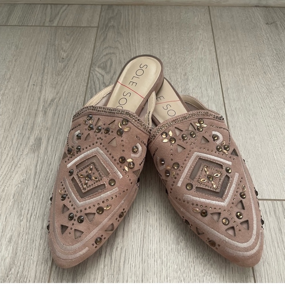 Sole Society Tan Embellished Mules